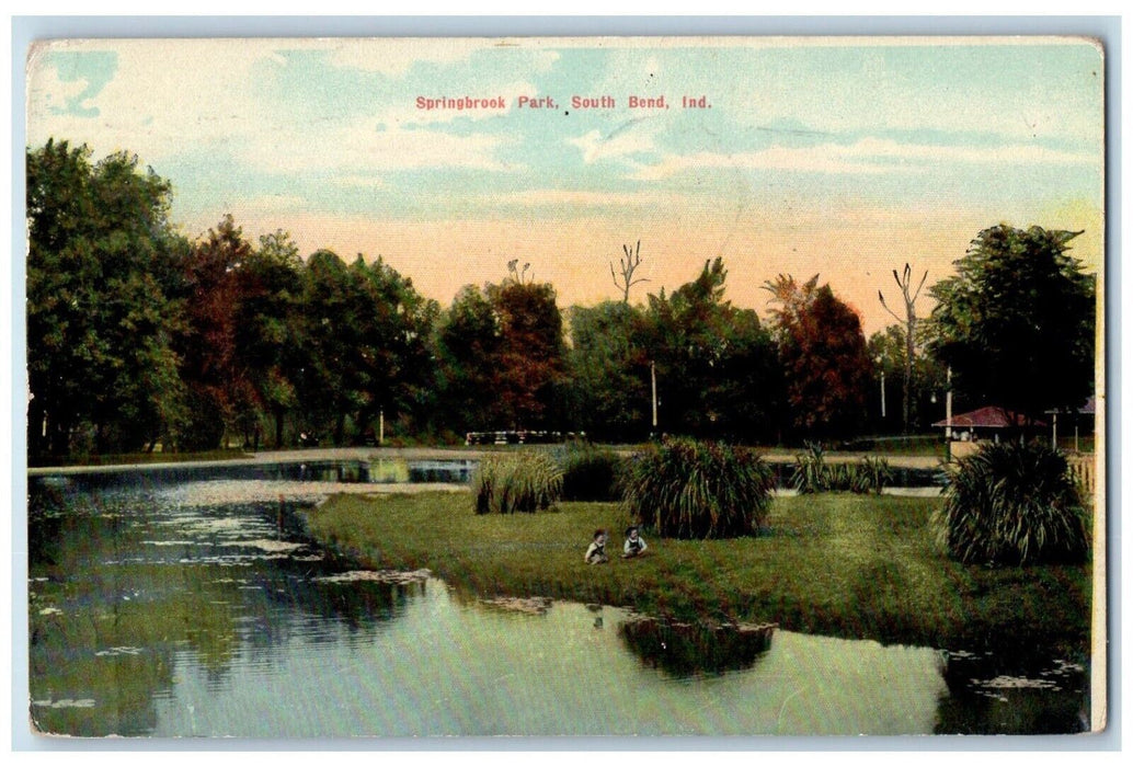 1910 View Of Springbrook Park Children River South Bend Indiana IN Postcard