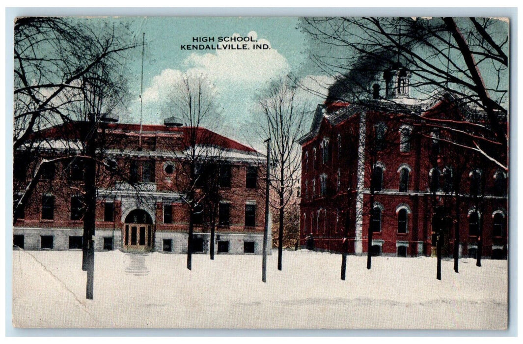 c1910 High School Building Winter Snow Kendallville Indiana IN Vintage Postcard