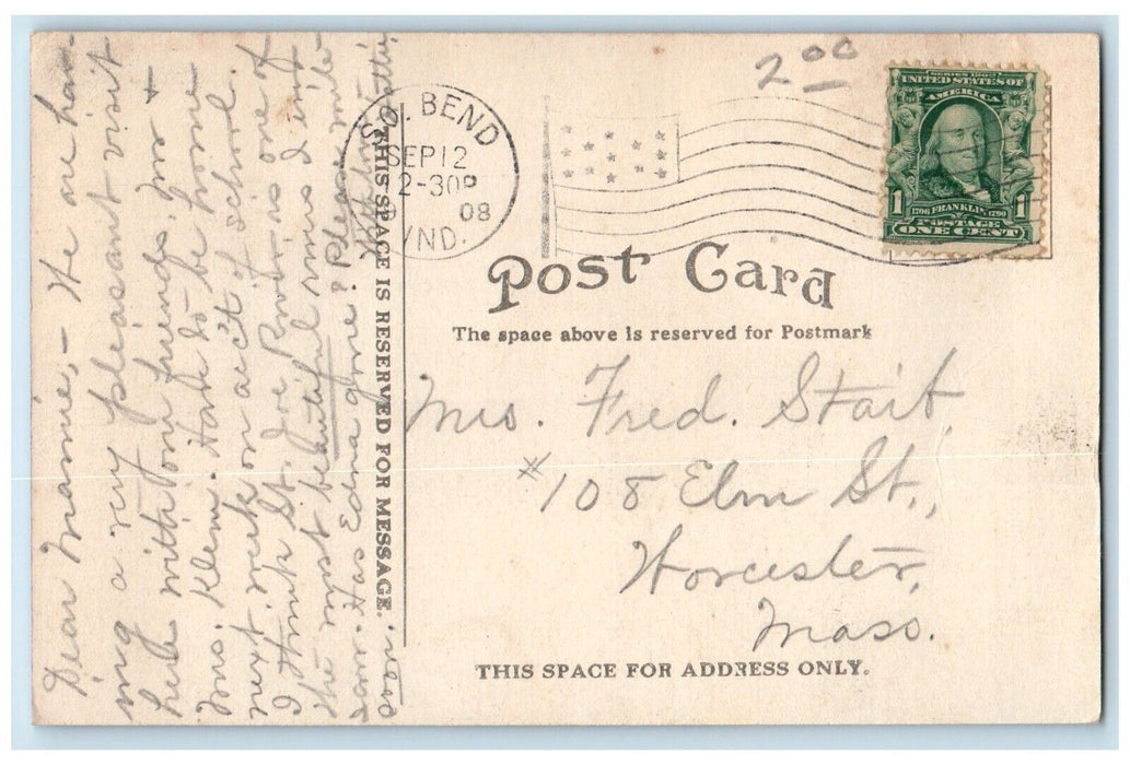 1908 View Of River Scene Houses South Bend Indiana IN Posted Antique Postcard