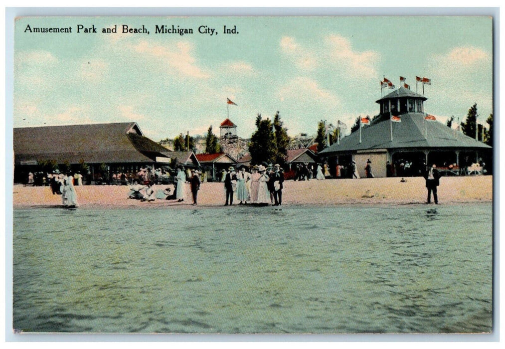 c1910 Amusement Park and Beach Michigan City Indiana IN Antique Postcard