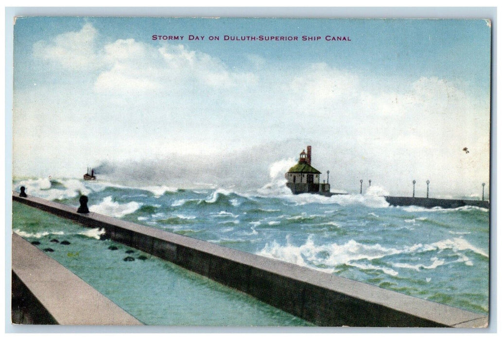 1910 Stormy Day Duluth Superior Ship Canal Steamer Lighthouse Minnesota Postcard