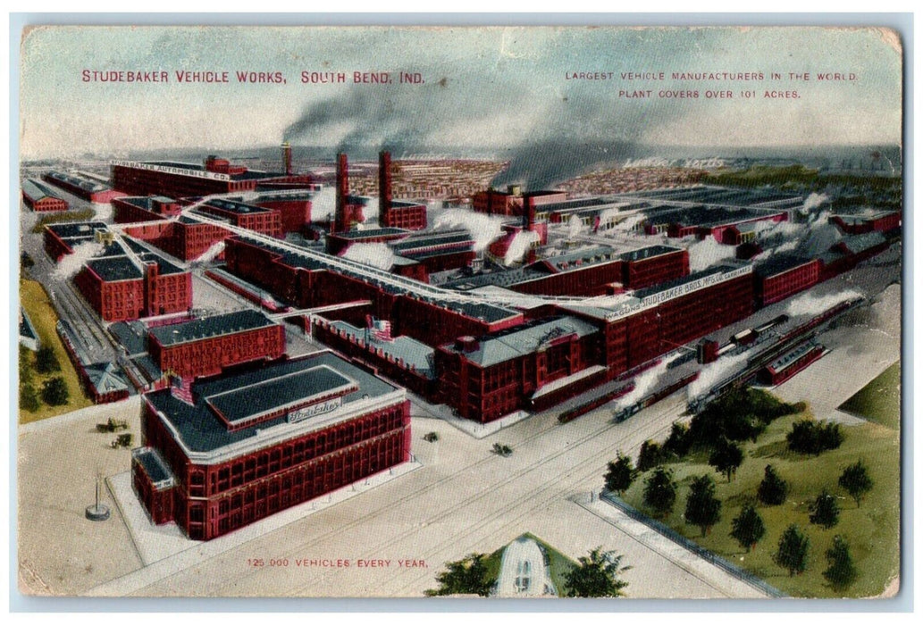 1911 Studebaker Vehicle Works Railroad Train South Bend Indiana IN Postcard