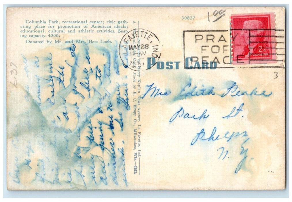 c1950 Columbia Park Recreational Center La Fayette Indiana IN Vintage Postcard