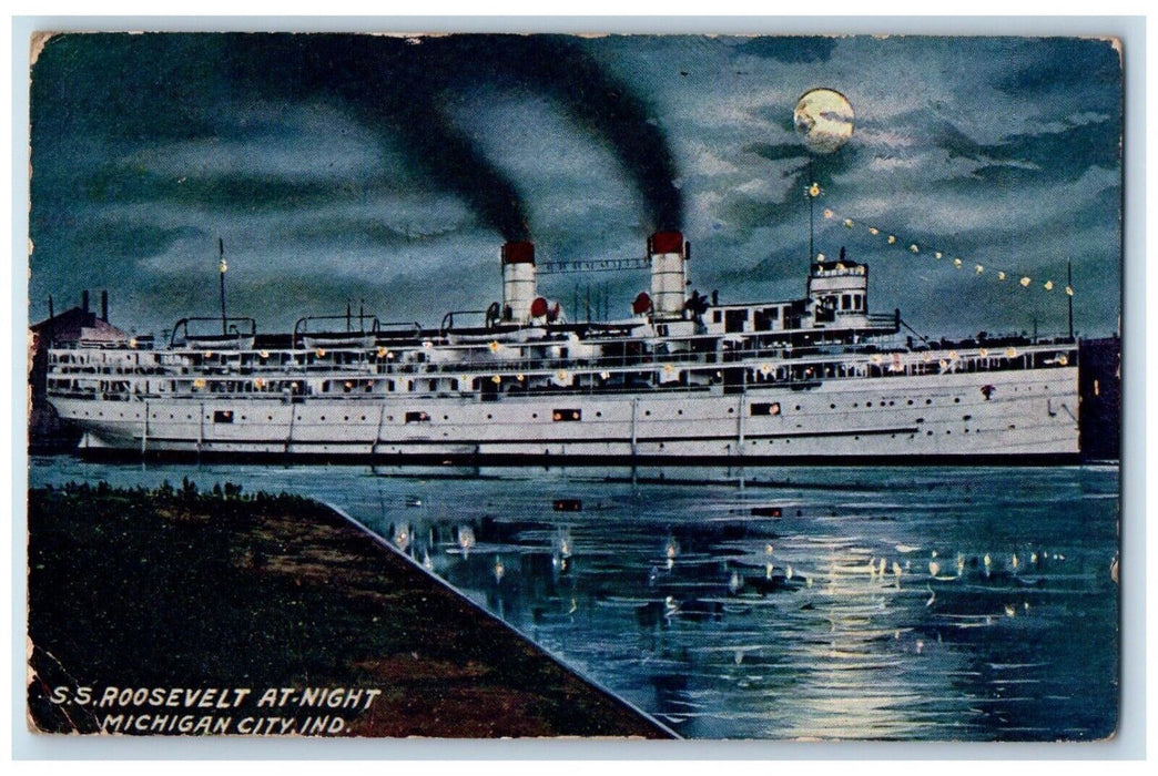 1909 S.S. Roosevelt at Night Michigan City Indiana IN Antique Postcard