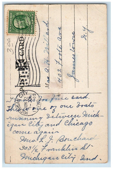 1909 S.S. Roosevelt at Night Michigan City Indiana IN Antique Postcard