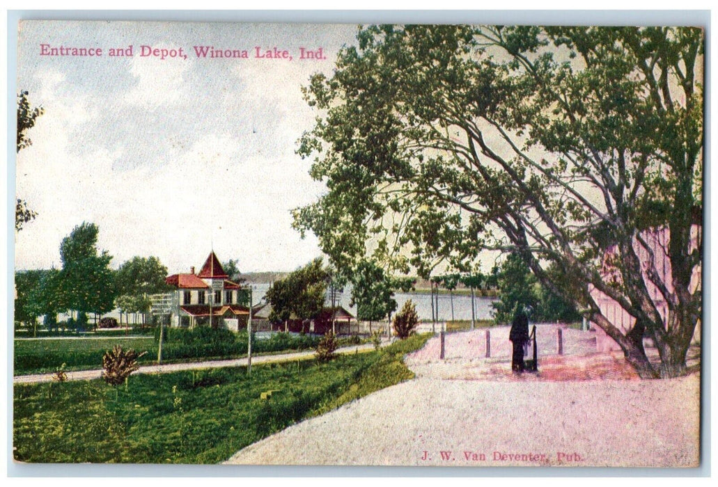 c1910 Entrance and Depot Winona Lake Indiana IN Unposted Antique Postcard