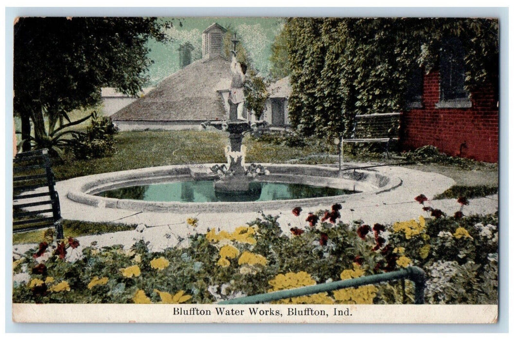 1911 Bluffton Water Works Fountain Garden Bluffton Indiana IN Antique Postcard
