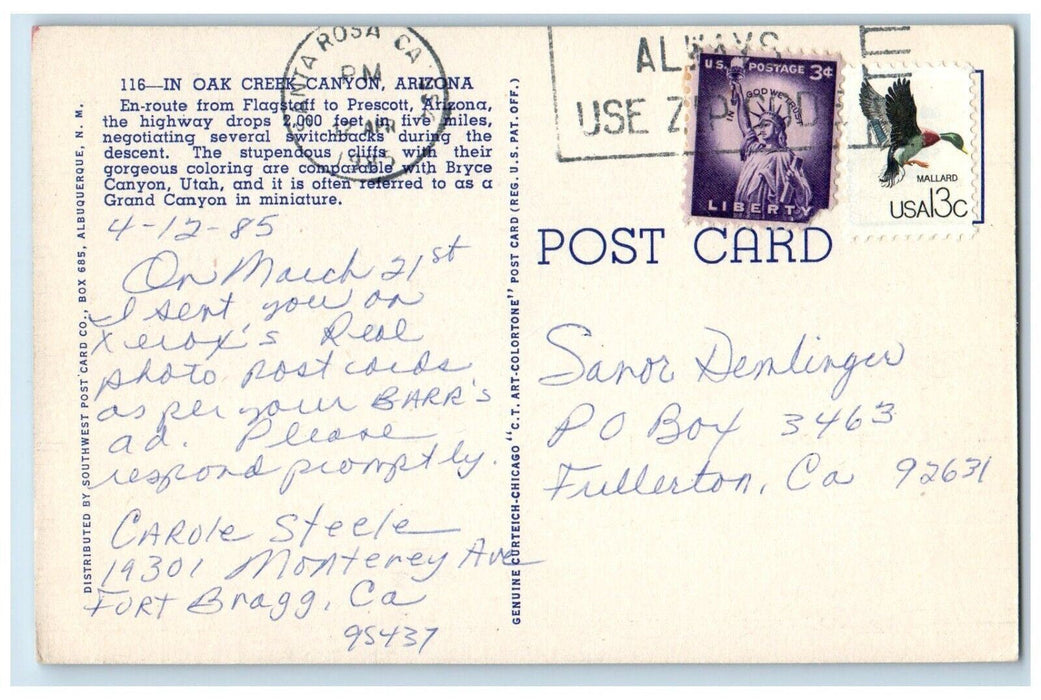 1985 Oak Creek Flagstaff Prescott Mountain Highway Road Canyon Arizona Postcard