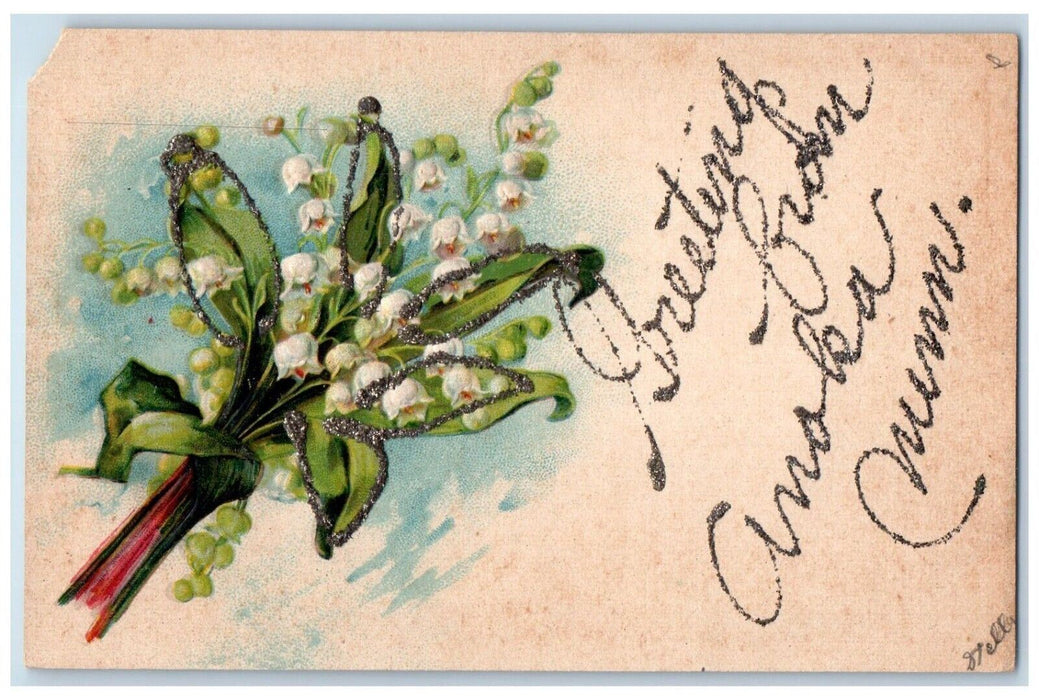 c1910 Greetings From Anoka Flower Glitter Embossed Minnesota MN Vintage Postcard