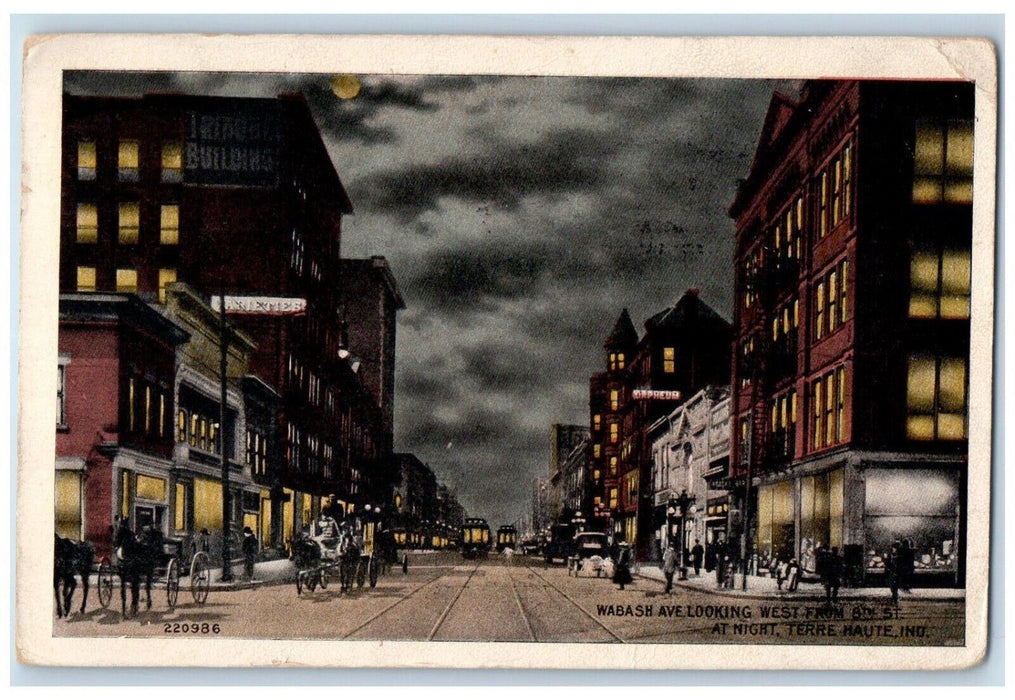 1919 Wabash Ave Looking West From Night Streetcar Terre Haute Indiana Postcard