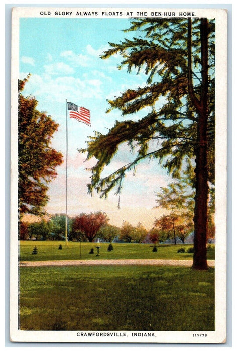 c1940 Old Glory Always Floats At Ben-Hur Home Crawfordsville Indiana IN Postcard