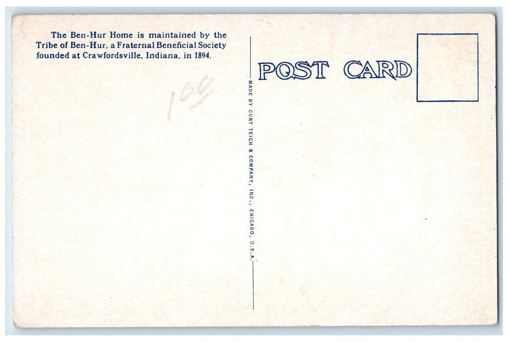 c1940 Old Glory Always Floats At Ben-Hur Home Crawfordsville Indiana IN Postcard