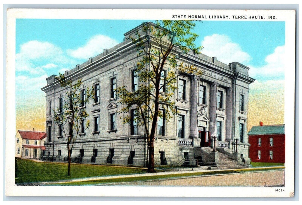 c1920 State Normal Library Exterior Building Road Terre Haute Indiana Postcard