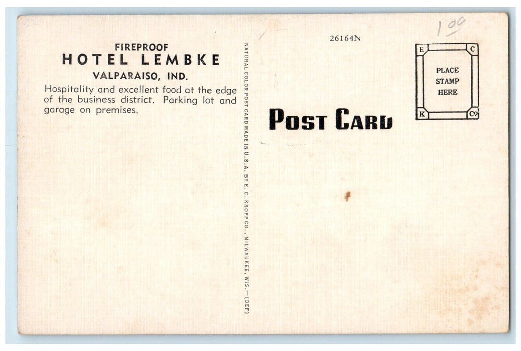 c1940 Hotel Lembke Valparaiso Indiana Home Exterior Building University Postcard