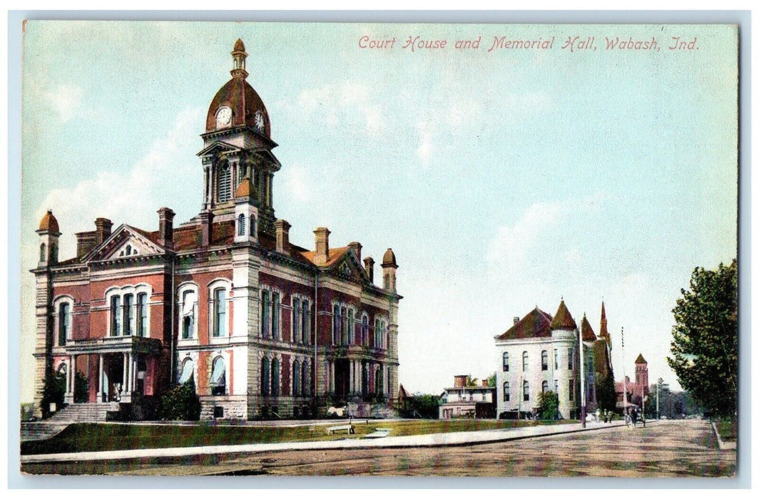 c1910 Court House Memorial Hall Exterior Building Street Wabash Indiana Postcard