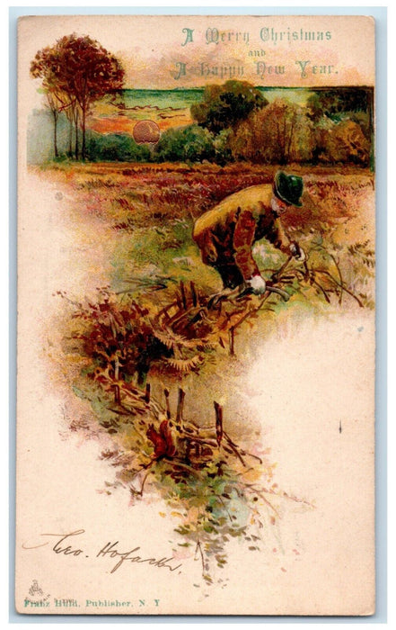 1907 Merry Christmas And Happy New Year Farmer Franz Huld New York NY Postcard