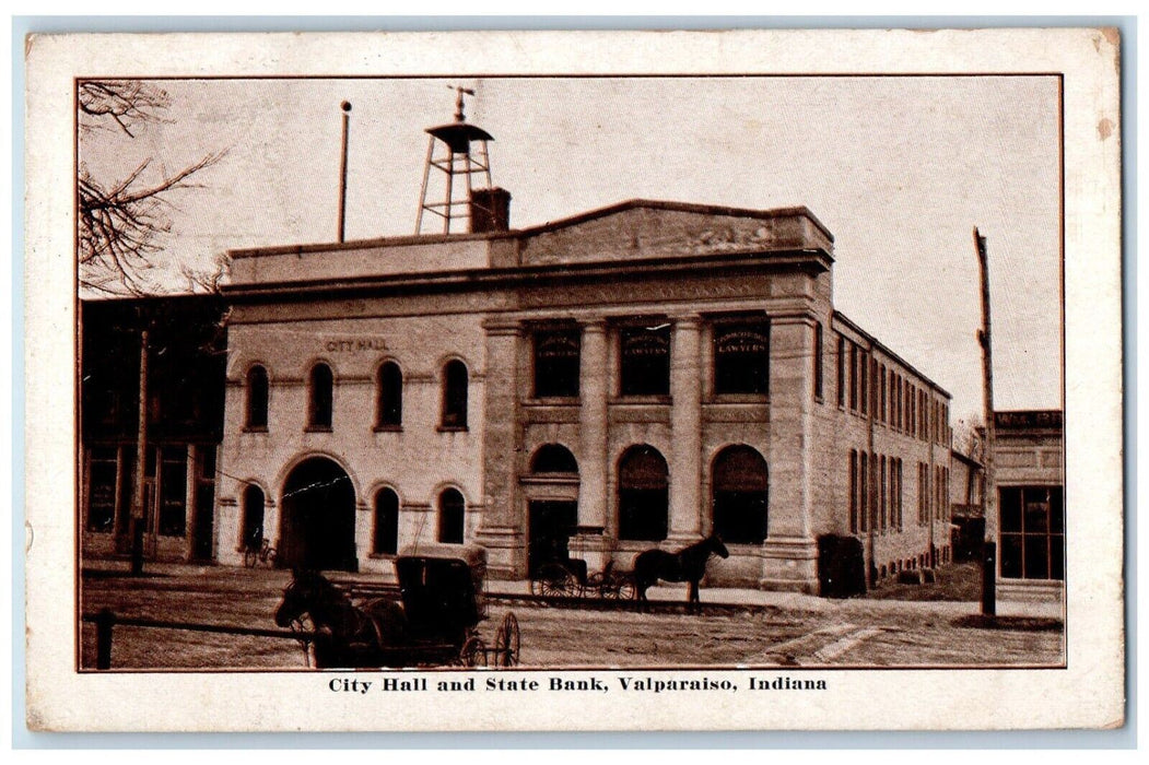 1910 City Hall State Bank Exterior Building Carriage Valparaiso Indiana Postcard