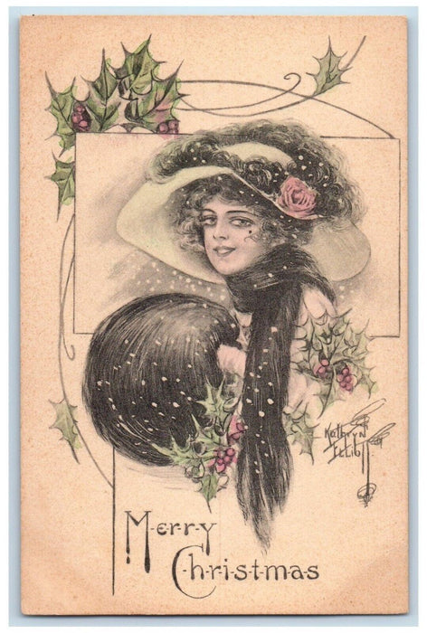 c1910's Merry Christmas Pretty Woman Handwarmer Kathryn Elliot Gibson Postcard