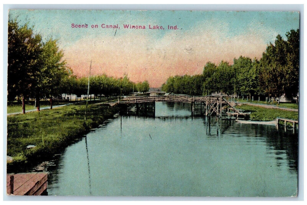 1912 Scene Canal Bridge River Trees Dock Port Boat Winona Lake Indiana Postcard