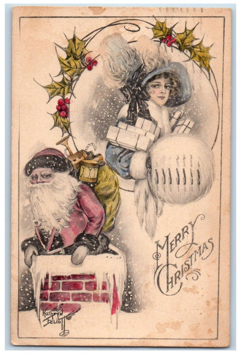 1913 Christmas Woman Handwarmer Santa Claus Chimney Kathryn Elliot Postcard