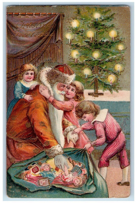 Christmas Greetings Brown Robe Santa Claus Children Sacks Of Toys Postcard