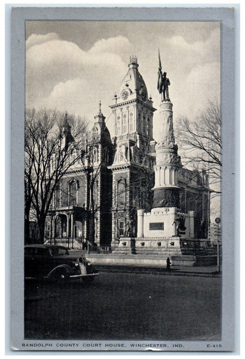 c1940 Randolph County Court House Monument Statue Winchester Indiana IN Postcard