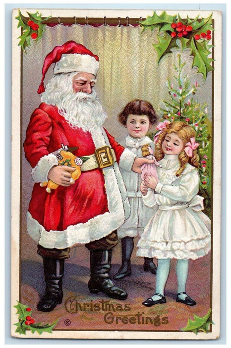 c1910's Christmas Greetings Santa Claus Gift Toys Children Berries Postcard