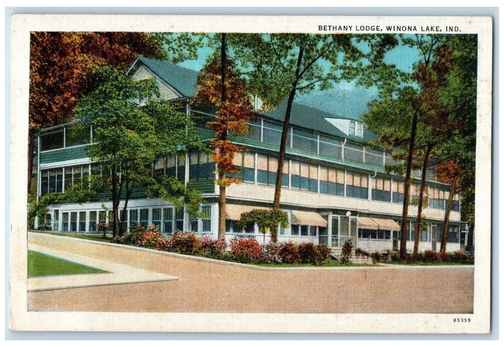 c1940 Bethany Lodge Exterior Building Street Road Winona Lake Indiana Postcard