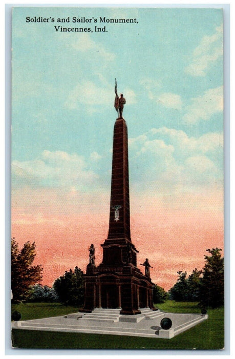1910 Soldiers Sailors Monument Statue Sculpture Park Vincennes Indiana Postcard