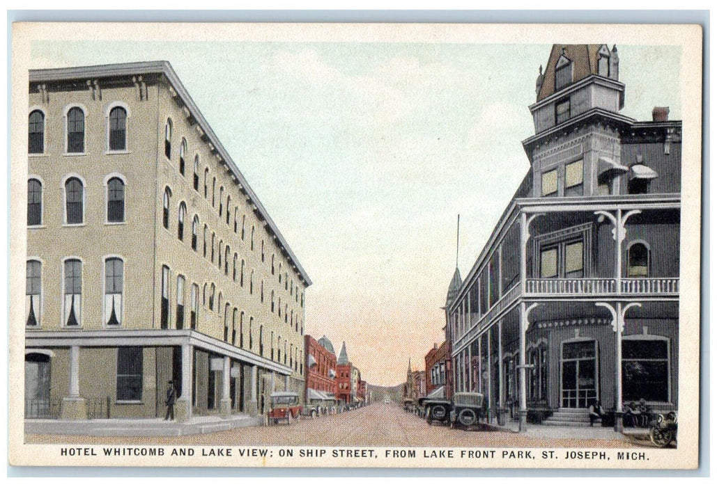 Hotel Whitcomb & Lake View Ship Street Car-lined St. Joseph Michigan MI Postcard