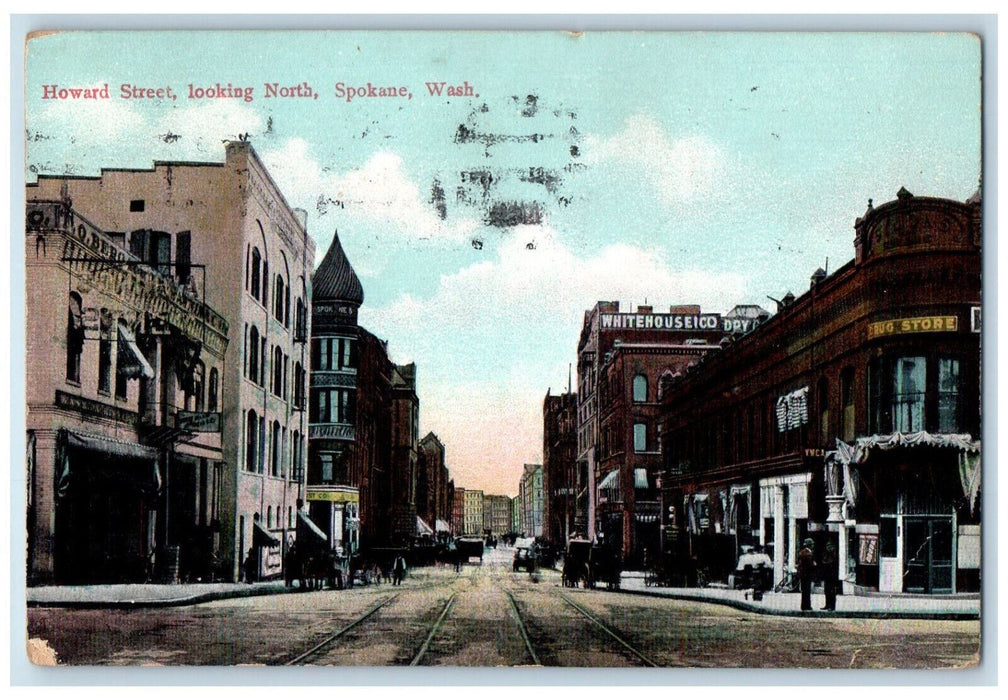 1909 Howard Street Looking North Spokane Washington WA Antique Posted Postcard