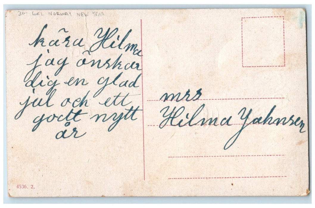 New Year Boy Pine Trees Sacks Of Coins Basket Horseshoe Gel Norway Postcard