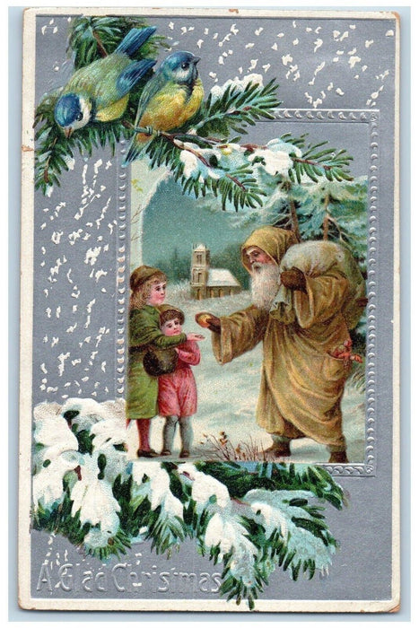 Christmas Brown Robe Santa Claus Children Toys Song Birds Winter Posted Postcard