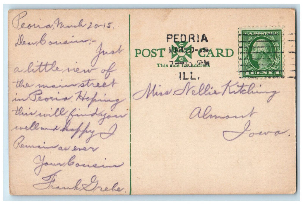 Adams Street South From Main Horse Carriage Scene Peoria Illinois IL Postcard
