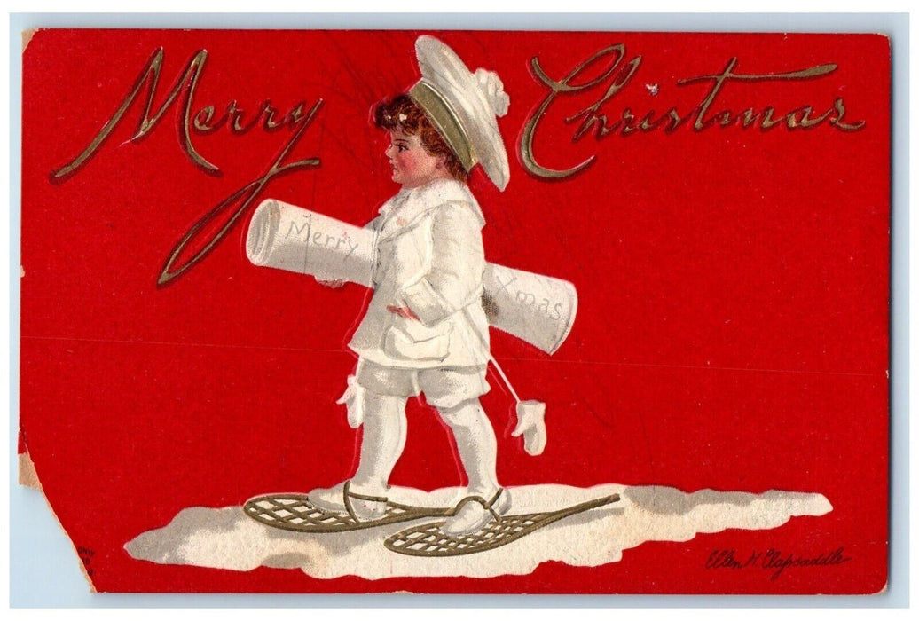 c1910's Merry Christmas Boy Ellen Clapsaddle Artist Signed Embossed Postcard