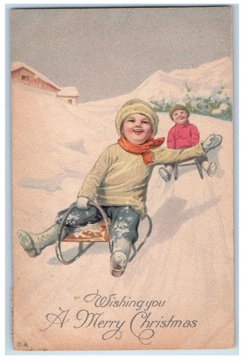 c1910's Merry Christmas Boys Sledding Winter Nash Los Angeles CA Posted Postcard