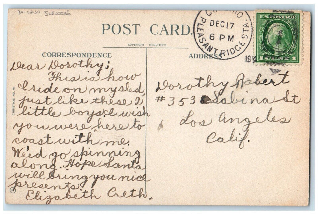 c1910's Merry Christmas Boys Sledding Winter Nash Los Angeles CA Posted Postcard