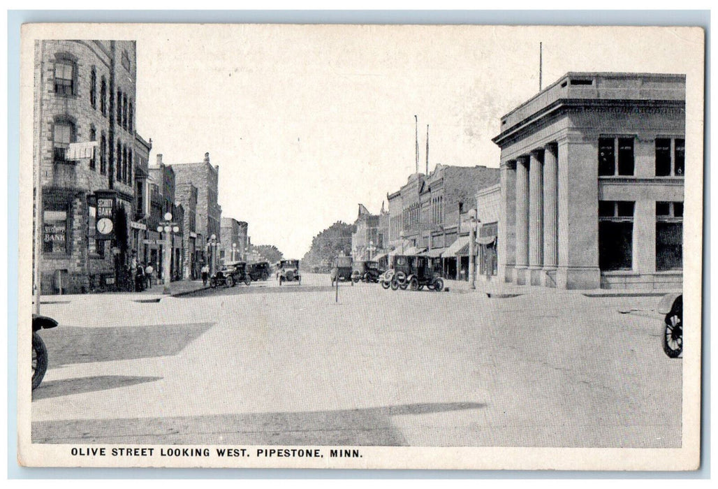 Olive Street Looking West Cars Scene Pipestone Minnesota MN Antique Postcard