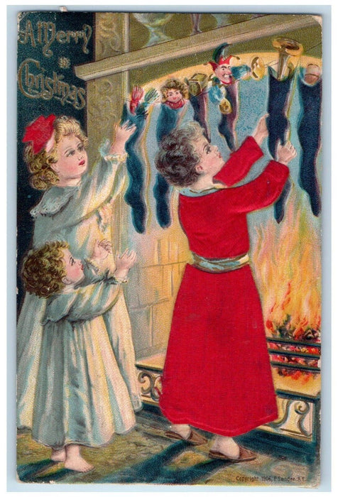 1908 Christmas Womens Child Stocking Full Of Toys Fireplace Silk Posted Postcard