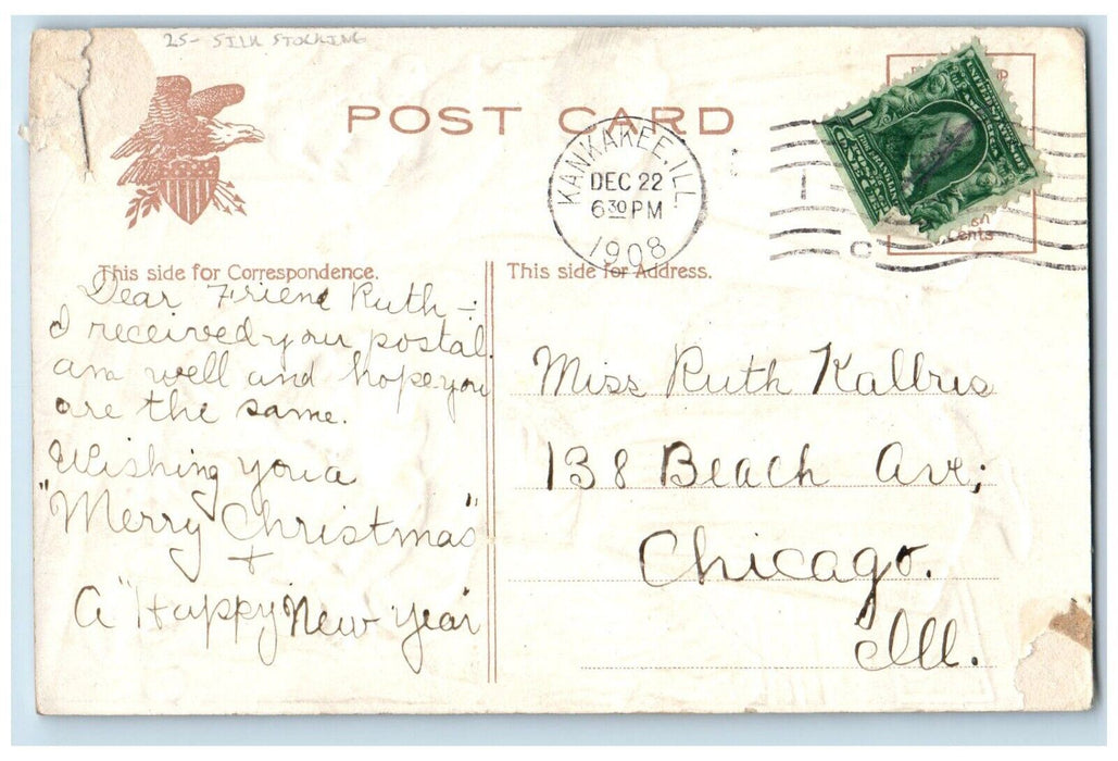 1908 Christmas Womens Child Stocking Full Of Toys Fireplace Silk Posted Postcard