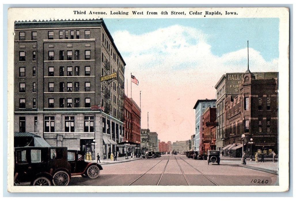 Third Avenue Looking West From 4th Street Cedar Rapids Iowa IA Antique Postcard