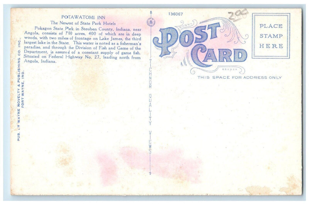 c1910 Potawatomi Inn Lake James Pokagon State Park Angola Indiana IN Postcard