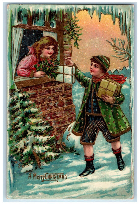 c1910's Christmas Boy Delivering Gifts Woman On Window Gel Gold Gilt Postcard