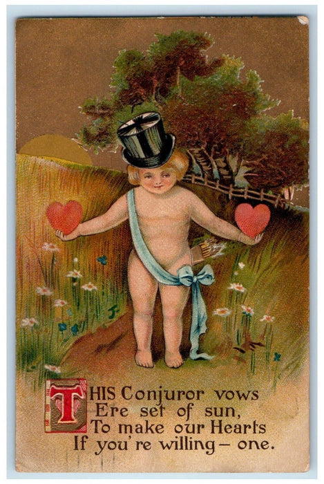 c1910's Valentine Cupid Angel With Hearts Conjuror Vows Embossed Posted Postcard