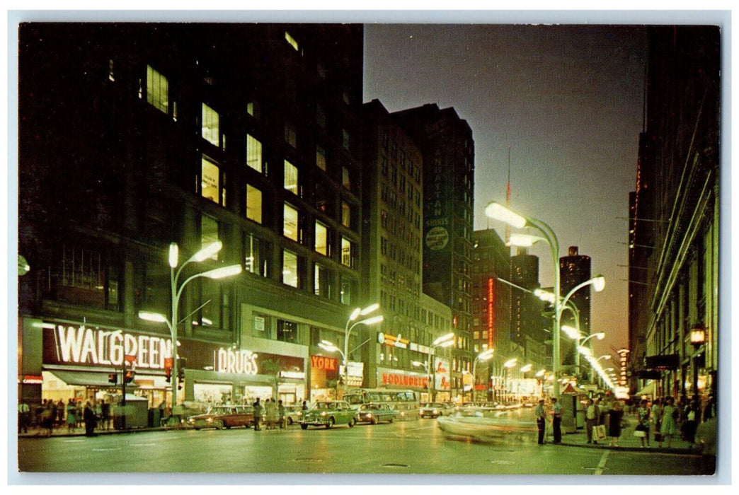 State Street At Night Walgreens Drug Store Shop Chicago Illinois IL Postcard