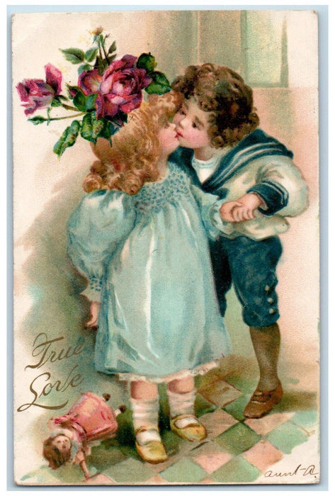 1907 Valentine Sweet Little Sweetheart Kissing Romance Doll Nash Posted Postcard