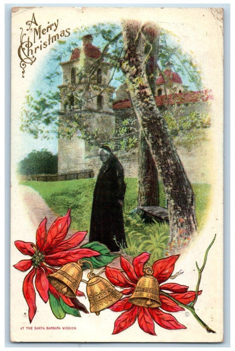 1913 Christmas Priest Poinsettia Flowers Bells Embossed Madera CA Postcard