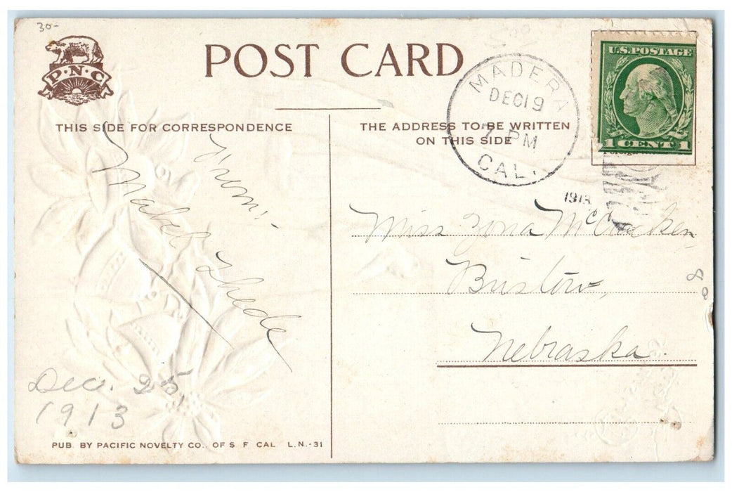1913 Christmas Priest Poinsettia Flowers Bells Embossed Madera CA Postcard