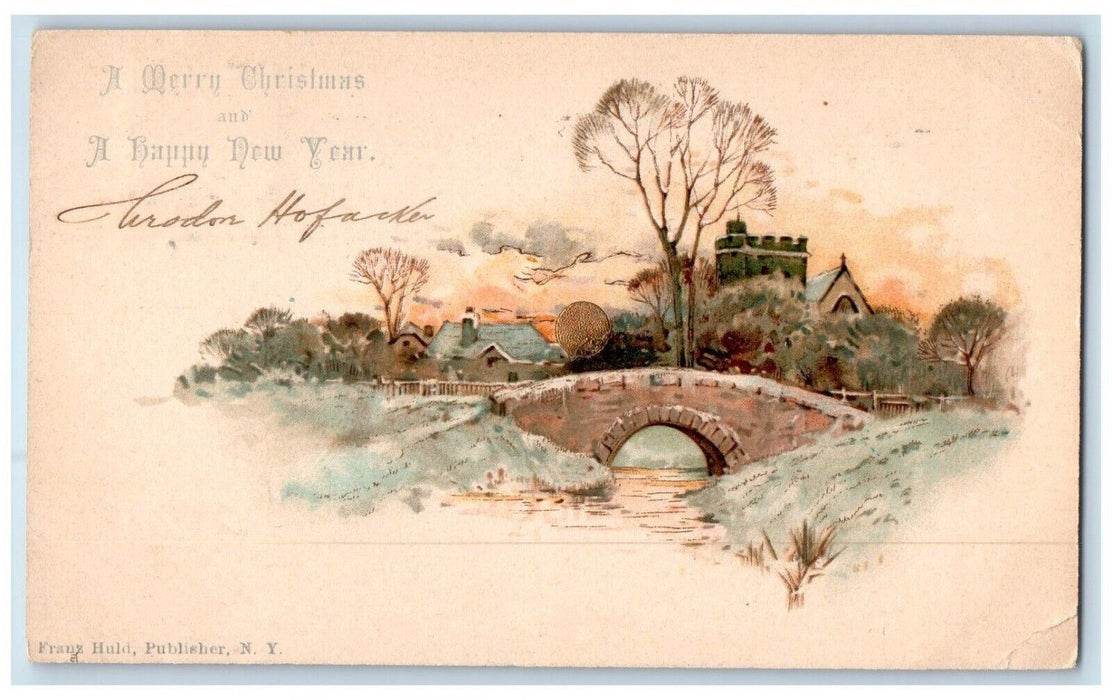 1901 Christmas And New Year Bridge River Winter Franz Huld New York NY Postcard