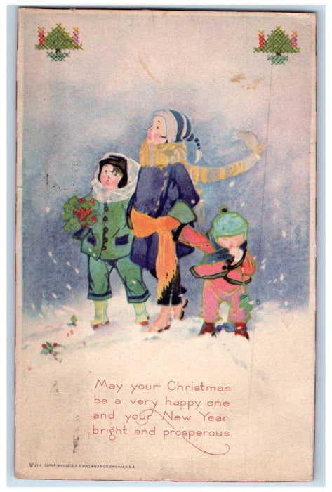 1919 Christmas Children Holly Berries Winter Volland Calumet MI Posted Postcard